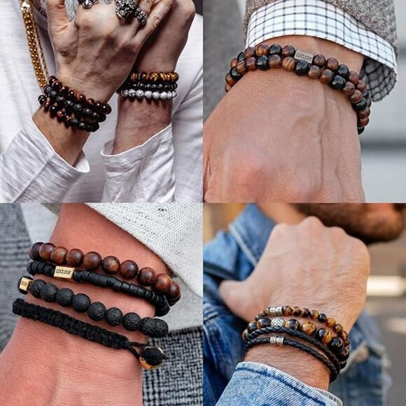 NEW! 4 Piece Tiger Eye Bracelet For Men 8MM Natural Stone Stretch Adjustable - Picture 2 of 5